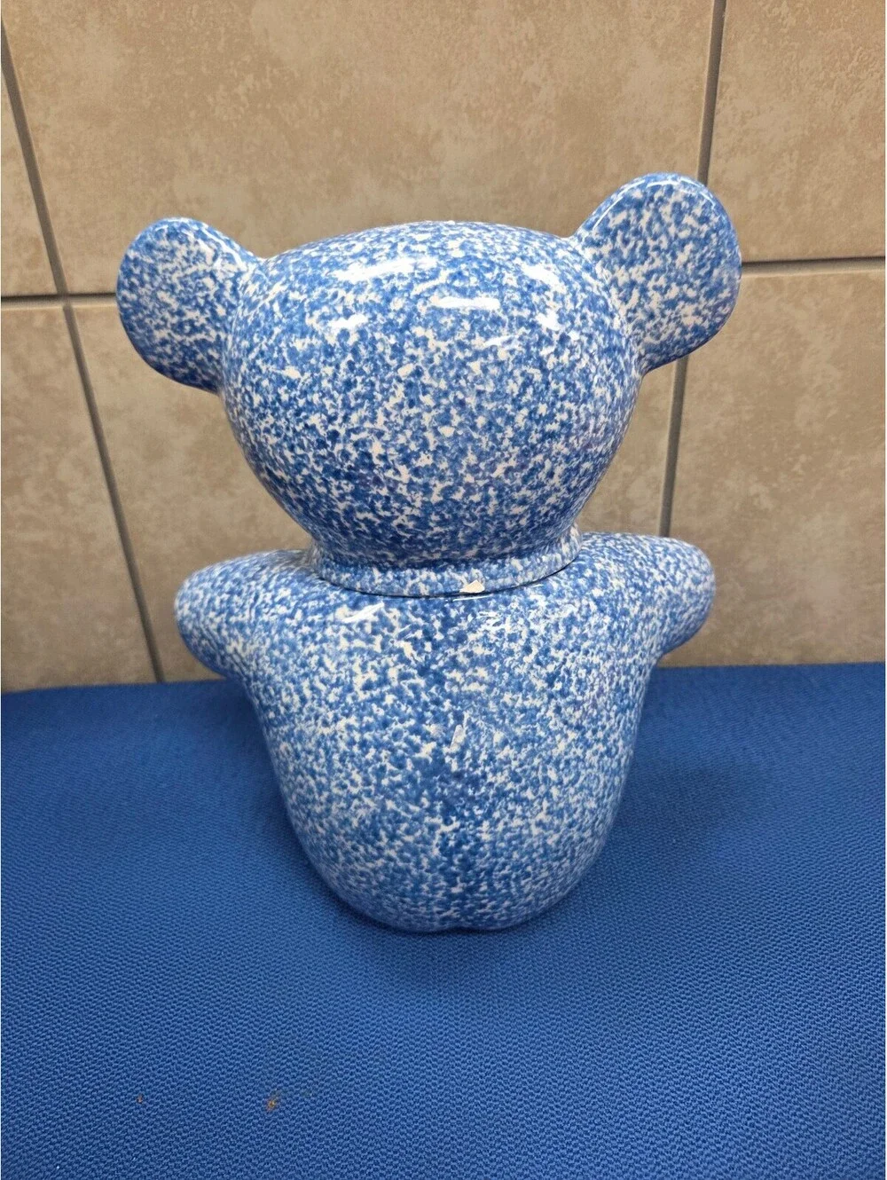 Vintage 1970s N.S. Gustin Blue Spongeware Teddy Bear Cookie Jar Hand Decorated